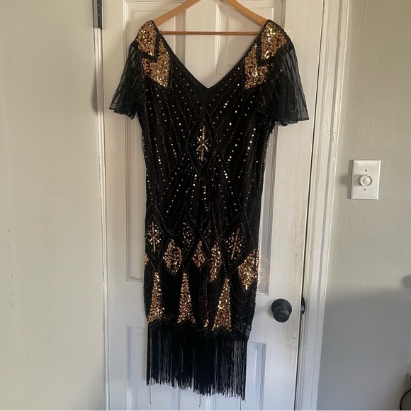 Black & Gold Beaded Flapper 1920’s Evening Dress - Picture 1 of 5